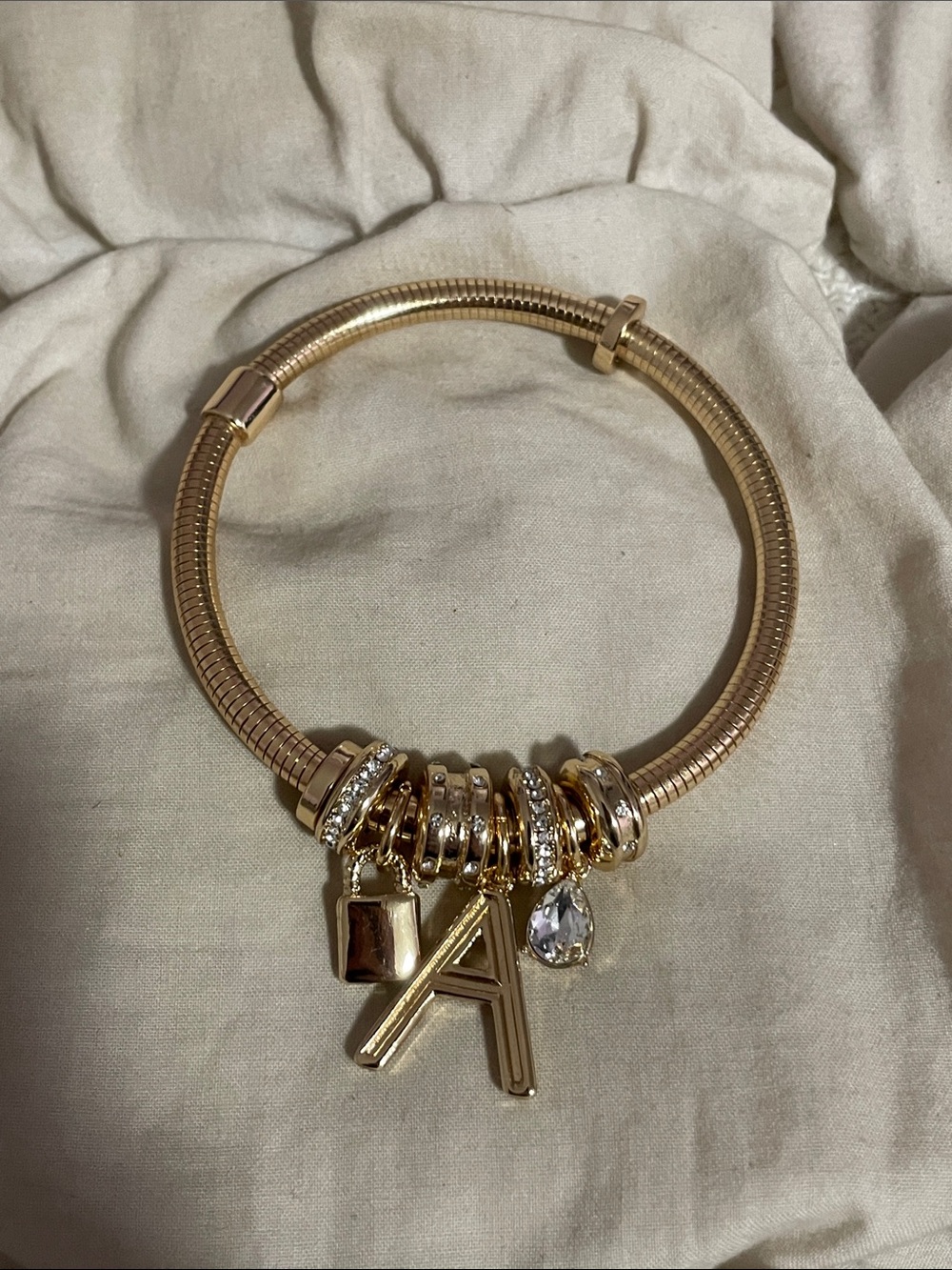 Free People Gold Tone Initial A Charm Bracelet Pavé Crystal Snake Chain Jewelry
